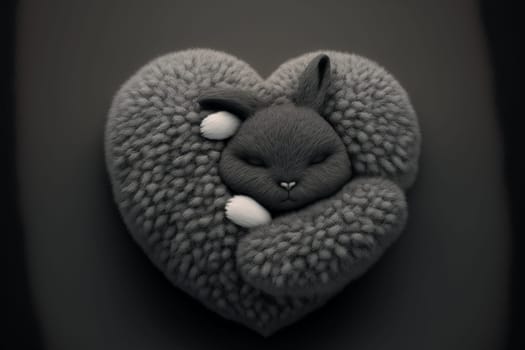 Cute fluffy black rabbit hugging red heart. Valentine's Day greetings from romantic bunny holding heart. Generative AI