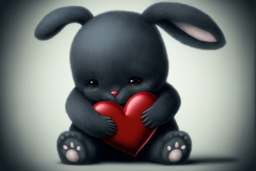 Cute fluffy black rabbit hugging red heart. Valentine's Day greetings from romantic bunny holding heart. Generative AI