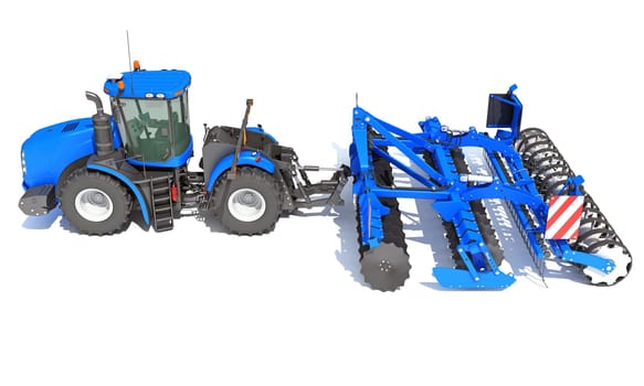 Tractor with Seed Drill farm equipment disc harrow 3D rendering model on white background