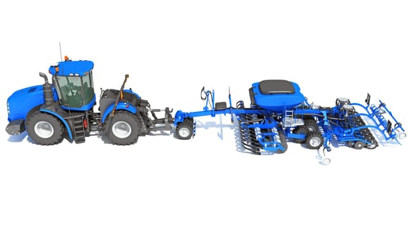 Tractor with Seed Drill farm equipment disc harrow 3D rendering model on white background