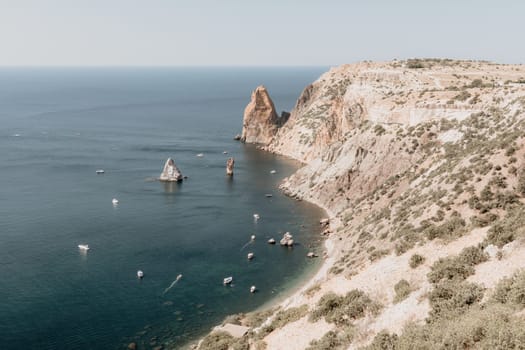 Aerial panoramic view of beautiful sunset above sea. Beautiful seascape. Sun glare, small waves on the water surface. Evening. Horizon. Nobody. No people. Copy space. Never-ending beauty of nature