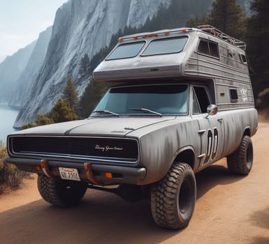 rusty dirt offroad 4x4 lifted vintage custom camper conversion jeep overlanding in mountain roads, nomadic lifestyle, adventure living, ai generated