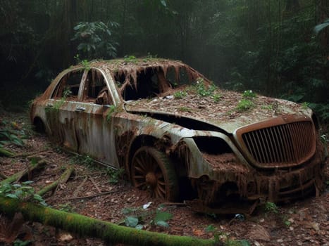 Abandoned rusty expensive atmospheric deluxe sedan car limo as circulation banned for co2 emission 2030 agenda , severe damage, broken parts, plants overgrowth bloom flowers. ai generated