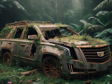 Abandoned rusty expensive atmospheric deluxe sedan car limo as circulation banned for co2 emission 2030 agenda , severe damage, broken parts, plants overgrowth bloom flowers. ai generated