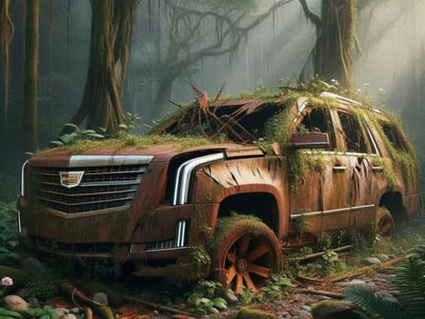 Abandoned rusty expensive atmospheric deluxe sedan car limo as circulation banned for co2 emission 2030 agenda , severe damage, broken parts, plants overgrowth bloom flowers. ai generated