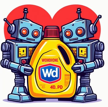 a couple of robots in love hold product lubricates, wicks moisture, protects metal surfaces ai generated