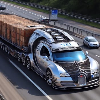 a semi truck design custom conversion supercar speed in motorway with cargo trailer ai generated