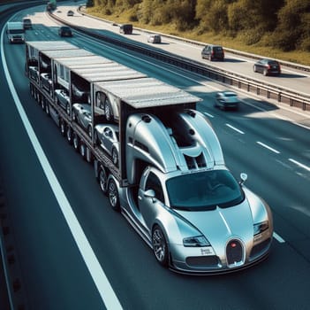a semi truck design custom conversion supercar speed in motorway with cargo trailer ai generated