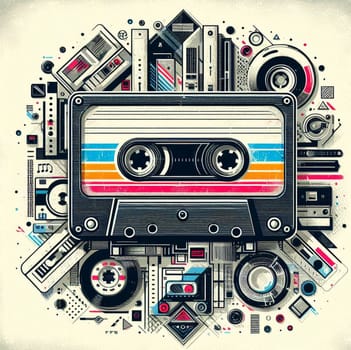 a pile of retro 70s 80s audio hifi blank virgin cassette tapes analog recorded media illustration vintage palette ai generated