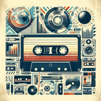 a pile of retro 70s 80s audio hifi blank virgin cassette tapes analog recorded media illustration vintage palette ai generated