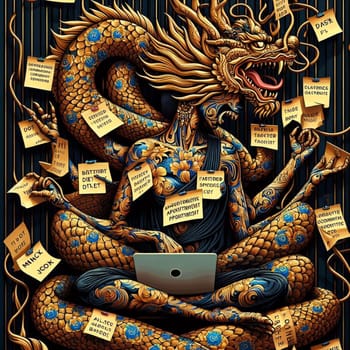 a stressed woman and chinese dragon icon covered of post it notes working with laptop in the office ai generated