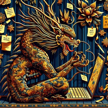 a stressed woman and chinese dragon icon covered of post it notes working with laptop in the office ai generated