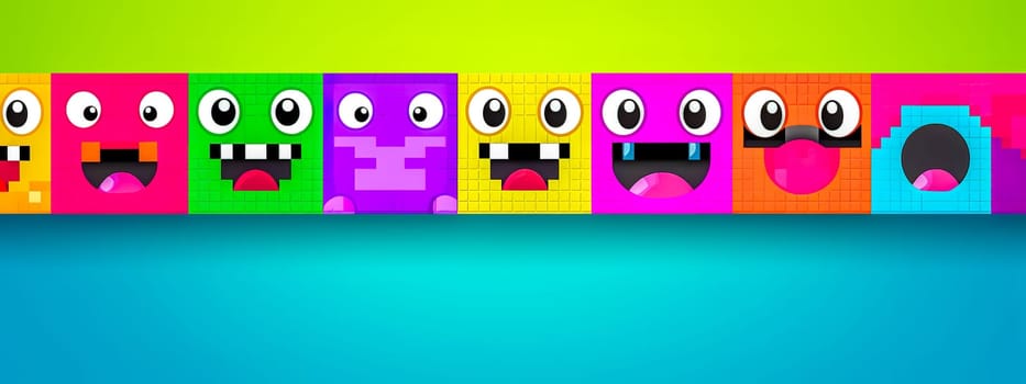 Colorful pixel art characters on gradient backdrop