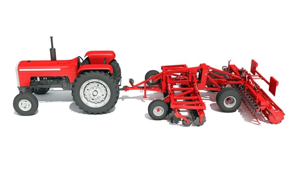 Farm Tractor with Trailed Disc Harrow 3D rendering model on white background