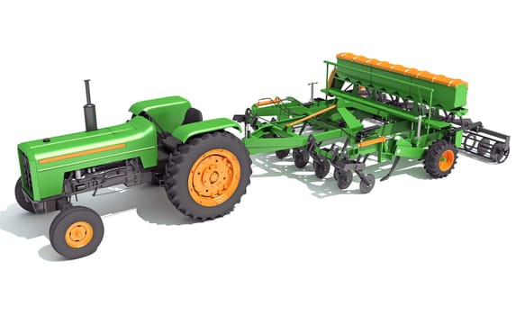 Farm Tractor with Trailed Disc Harrow 3D rendering model on white background