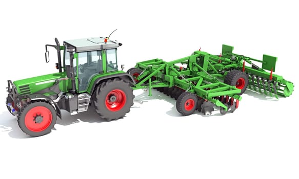 Farm Tractor with Trailed Disc Harrow 3D rendering model on white background