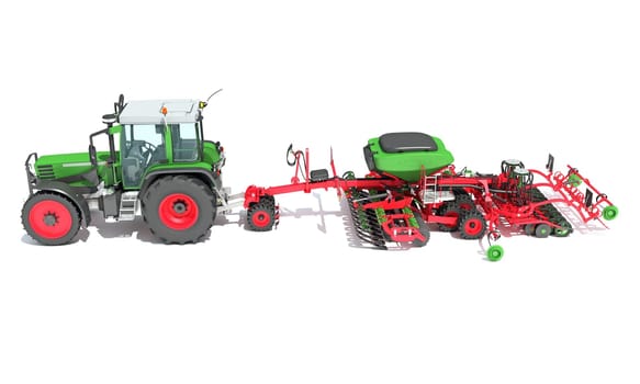 Farm Tractor with Trailed Disc Harrow 3D rendering model on white background