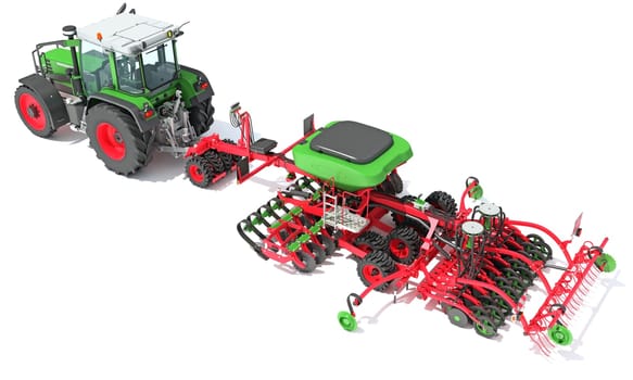 Farm Tractor with Trailed Disc Harrow 3D rendering model on white background