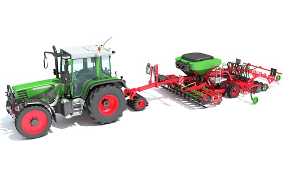 Farm Tractor with Trailed Disc Harrow 3D rendering model on white background