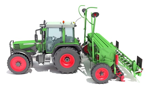 Farm Tractor with Trailed Disc Harrow 3D rendering model on white background