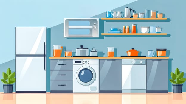 Modern kitchen with appliances and utensils in blue and orange, banner