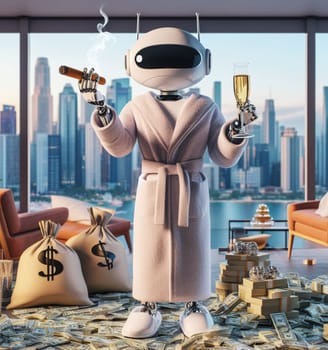 ich funny robot smoking cigar drink champagne surround by stack cash money in a suite with a view ai generated