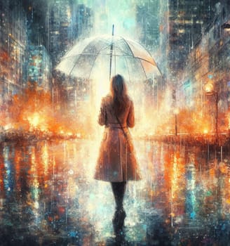 business bossy elegant fit woman using umbrella wearing tailleur , under heavy rain in New York City among taxis and traffic crossing street painting, warm tones, ai generated