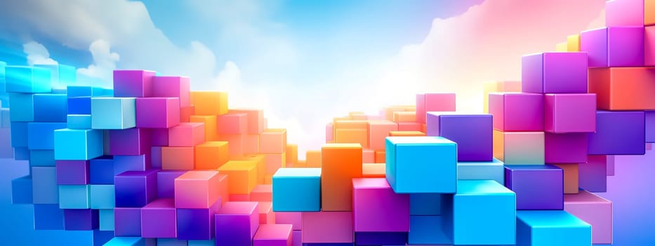 Colorful 3D Tetris blocks against a dynamic sky backdrop, banner with copy space