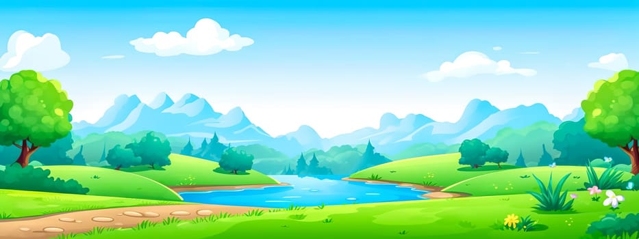 Idyllic landscape with greenery, mountains, and a clear blue sky, banner