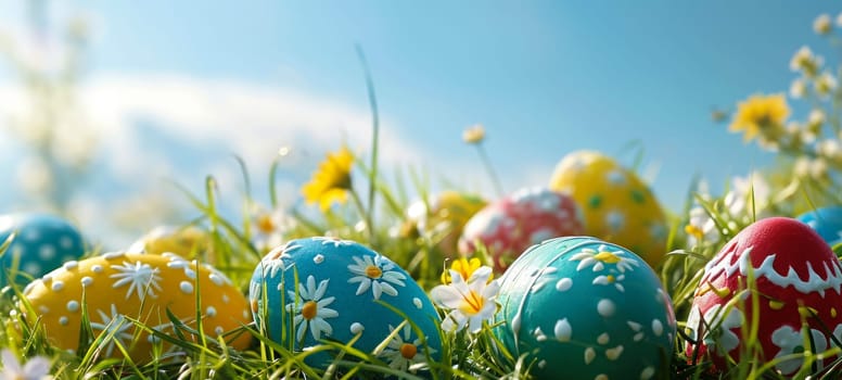 Happy Easter. Decorated Easter eggs on green grass on a sunny spring day. Easter banner with copy space
