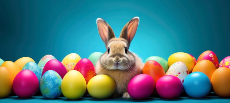 Easter banner with colorful painted eggs and a little bunny rabbit on a blue background with copy space. Happy Easter greeting card.