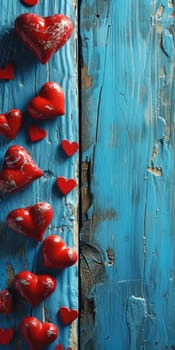 Red hearts on blue wooden background. Valentine's Day backdrop. Vertical banner, voucher or greeting card for smartphone