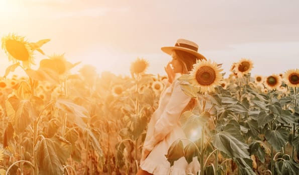 Woman in the sunflowers field. Summer time. Young beautiful woman standing in sunflower field.