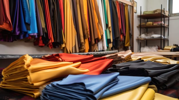 Samples of fabrics in a tailor studio in bright colors. AI