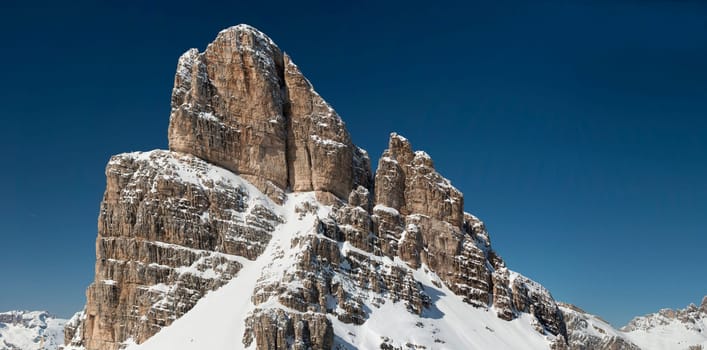 Dolomites huge panorama view in winter snow time