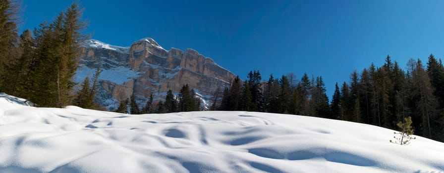 Dolomites huge panorama view in winter snow time