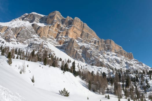 Dolomites huge panorama view in winter snow time