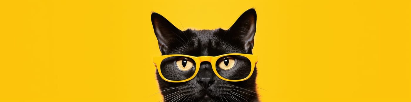 Black cat with an yellow glasses on the infinity yellow background banner