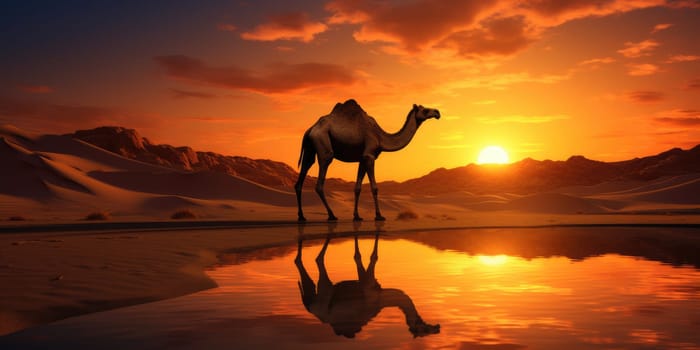 Alone camel in a desert with sunset, animal concept