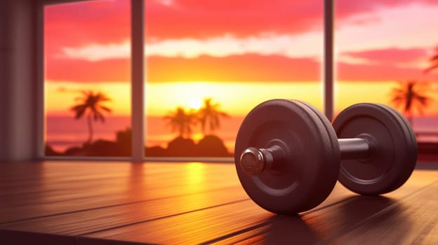 detail to fitness dumbbell with fitness studio in background during sunset