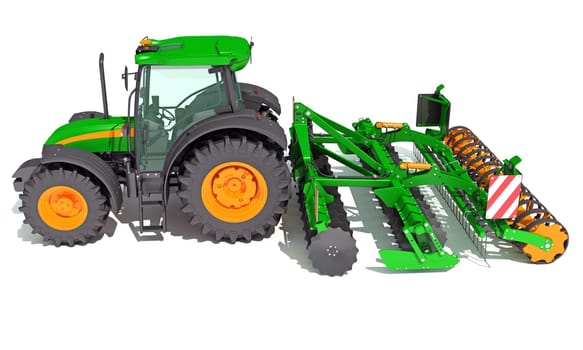 Farm Tractor with Compact Disc Harrow 3D rendering model on white background