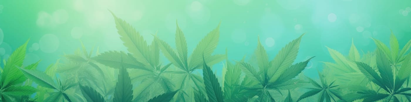 Detail to marijuana plants and leaves on a light green background banner