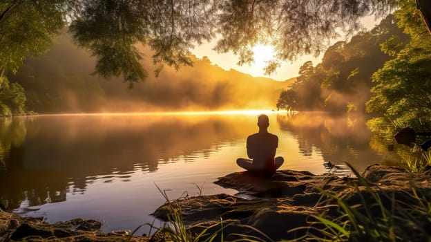 Tranquil meditation by a misty lake at sunrise, banner with copy space