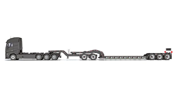 Semi Truck with Lowboy Platform Trailer 3D rendering model on white background