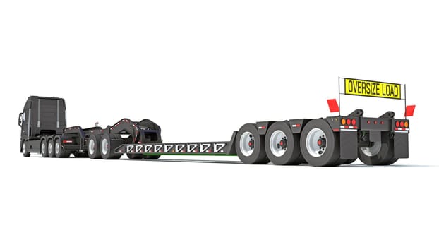 Semi Truck with Lowboy Platform Trailer 3D rendering model on white background