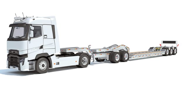 Semi Truck with Lowboy Platform Trailer 3D rendering model on white background