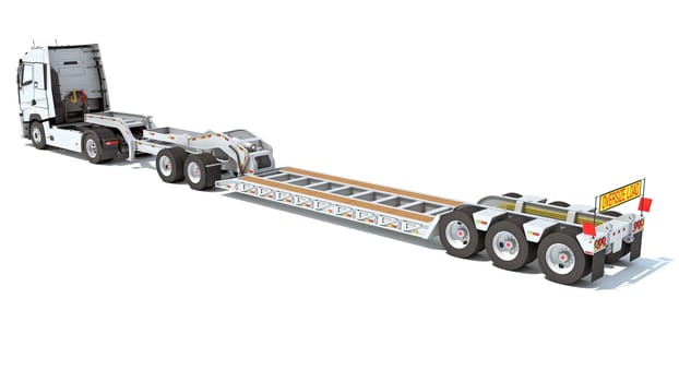 Semi Truck with Lowboy Platform Trailer 3D rendering model on white background