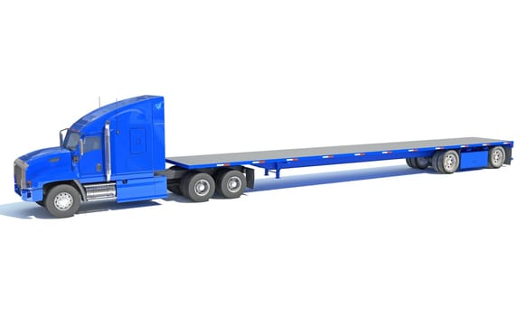 Heavy Truck with Flatbed Trailer 3D rendering model on white background