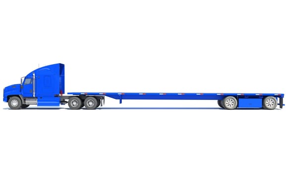 Heavy Truck with Flatbed Trailer 3D rendering model on white background