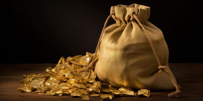 A bag with pieces of gold around, an yellow precious metal, the chemical element of atomic number 79